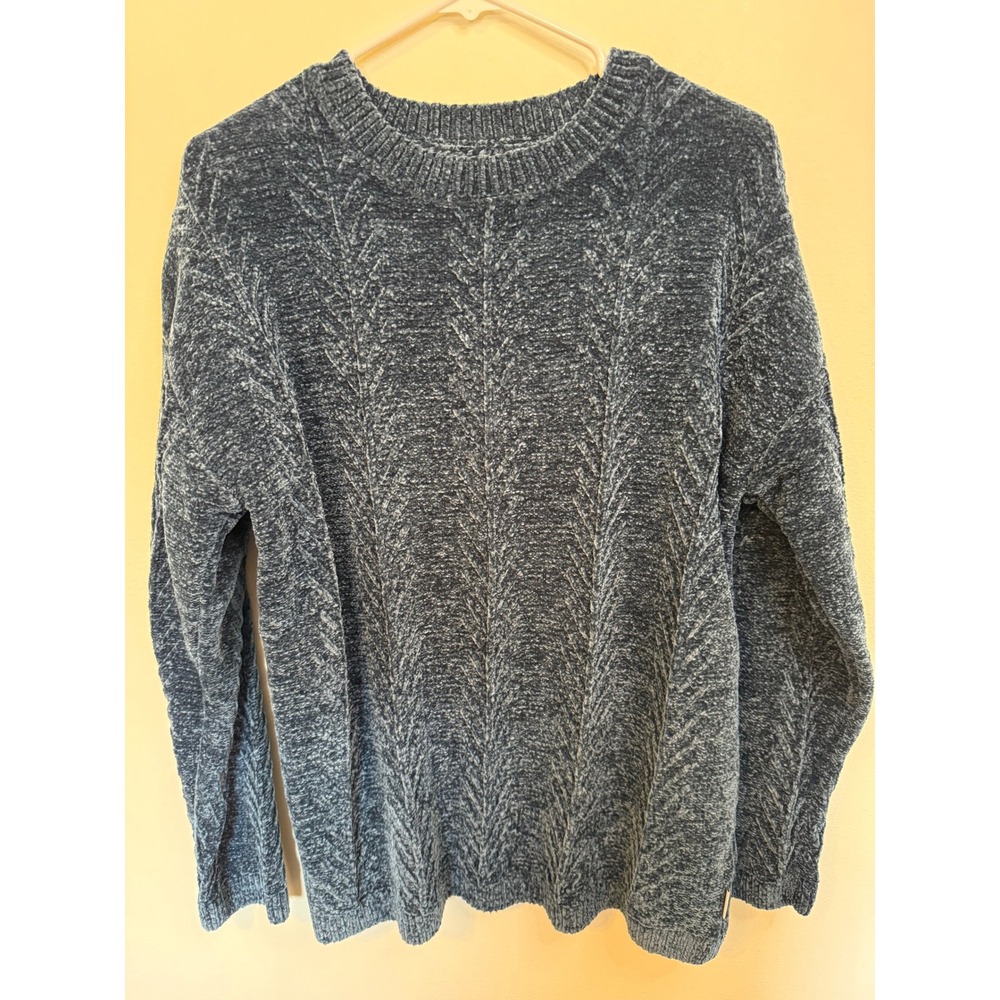 Orvis Chenille Sweater Womens Large Blue Excellent Chevron Knit Pullover